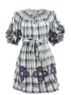 Matchesfashion.com Innika Choo - Hanus Floral Embroidered Checked Linen Dress - Womens - Navy Multi