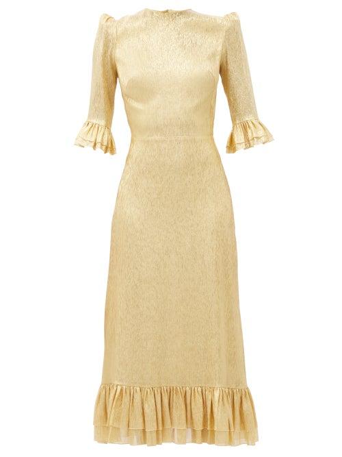 Matchesfashion.com The Vampire's Wife - The Falconetti Ruffled Metallic-chiffon Midi Dress - Womens - Gold