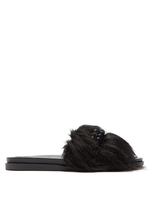 Matchesfashion.com Simone Rocha - Bead Embellished Faux Fur Slides - Womens - Black