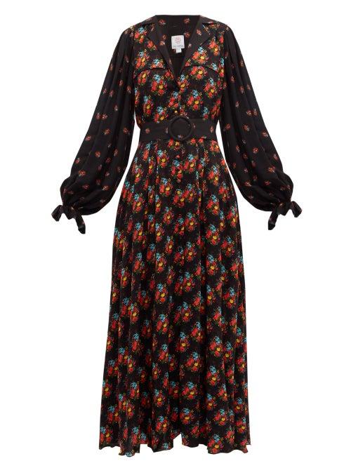 Matchesfashion.com Gl Hrgel - Contrast Sleeve Belted Poplin Dress - Womens - Navy Print