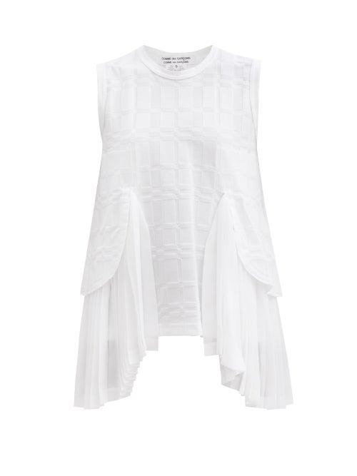Comme Des Garons Comme Des Garons - Pleated-inset Checked Cotton-blend Top - Womens - White