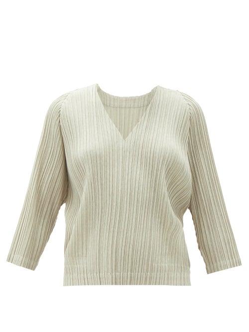 Matchesfashion.com Pleats Please Issey Miyake - V-neck Technical-pleated Top - Womens - Beige