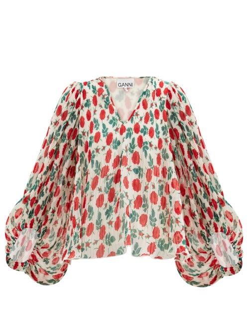 Matchesfashion.com Ganni - Floral-print Pleated-georgette Blouse - Womens - Cream Print