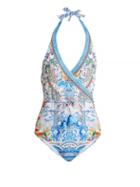 Matchesfashion.com Camilla - Geisha Gateways Printed Wrap Style Swimsuit - Womens - Blue White