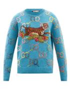 Gucci - Tiger-embroidered Wool-blend Sweater - Mens - Blue Multi