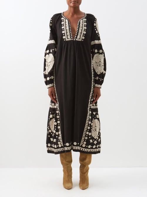 Sea - Holly Embroidered-canvas Midi Kaftan - Womens - Black Beige