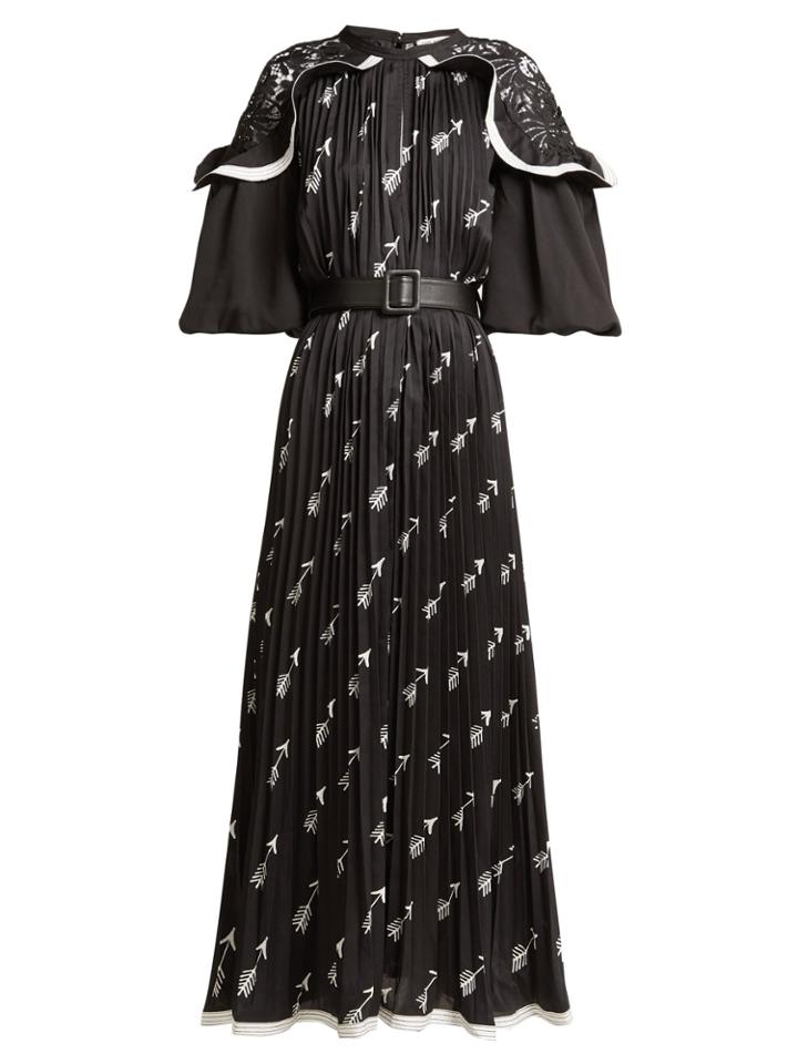 Self-portrait Arrow-print Pleated Crepe Midi Dress