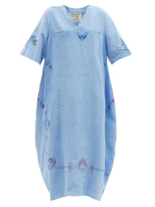 Matchesfashion.com By Walid - Zeena Floral-embroidered Upcycled-linen Dress - Womens - Blue