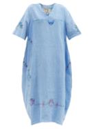 Matchesfashion.com By Walid - Zeena Floral-embroidered Upcycled-linen Dress - Womens - Blue