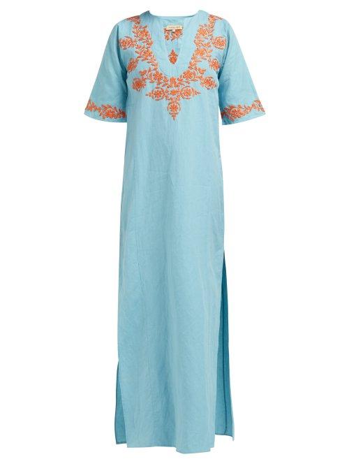 Matchesfashion.com Muzungu Sisters - Lotus Floral Embroidered Cotton Blend Kaftan - Womens - Blue Multi