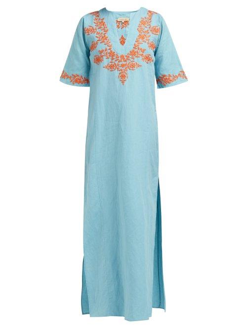 Matchesfashion.com Muzungu Sisters - Lotus Floral Embroidered Cotton Blend Kaftan - Womens - Blue Multi