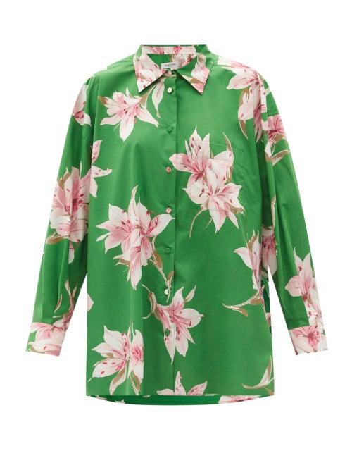 Matchesfashion.com Valentino - Oversized Lily-print Cotton-poplin Shirt - Womens - Green Print