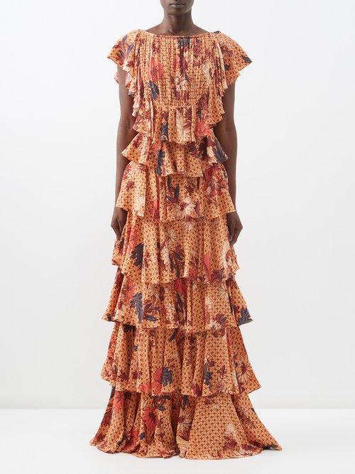 Ulla Johnson - Freja Tiered Floral-print Silk Maxi Dress - Womens - Pink Multi