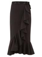 Matchesfashion.com Johanna Ortiz - Asymmetric Ruffled Cotton Blend Midi Skirt - Womens - Black