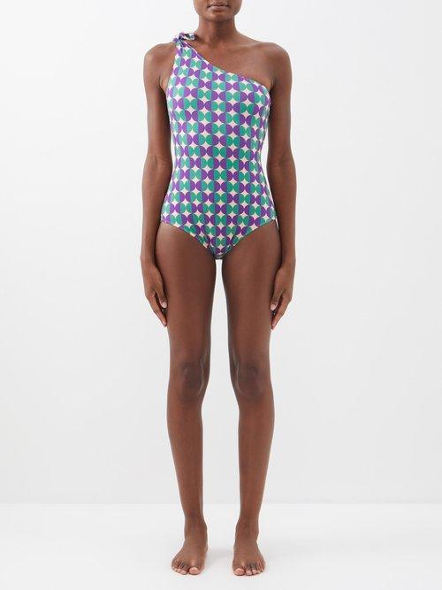 La Doublej - Goddess One-shoulder Geometric-print Swimsuit - Womens - Purple Multi