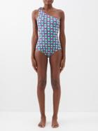 La Doublej - Goddess One-shoulder Geometric-print Swimsuit - Womens - Purple Multi