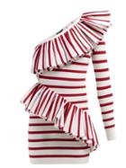 Matchesfashion.com Balmain - Asymmetric Ruffle Trimmed Striped Mini Dress - Womens - Red White
