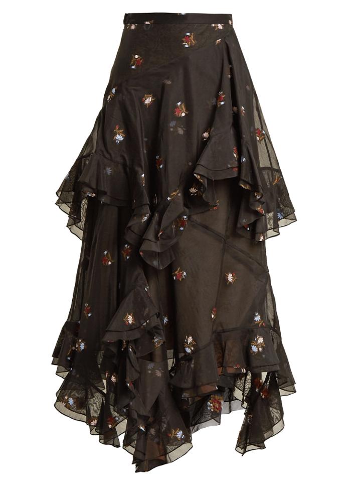 Erdem Elsa Floral-embroidered Tiered Cotton-blend Skirt