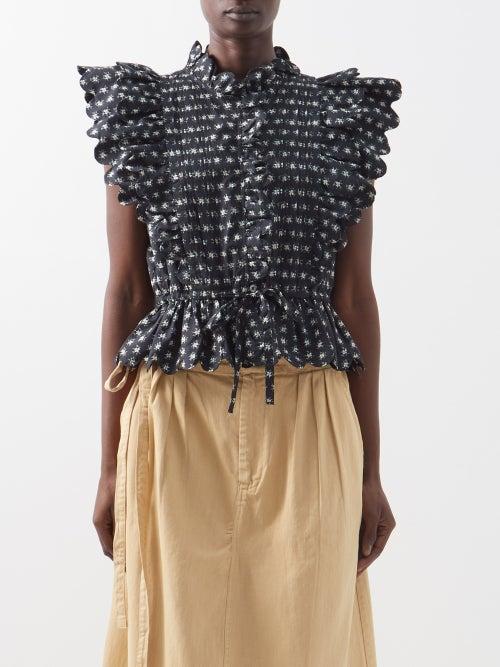 Sea - Pascala-print Ruffled Cotton Top - Womens - Black