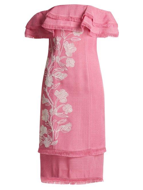 Matchesfashion.com Mary Katrantzou - Angelica Embroidered Off The Shoulder Ruffle Dress - Womens - Pink