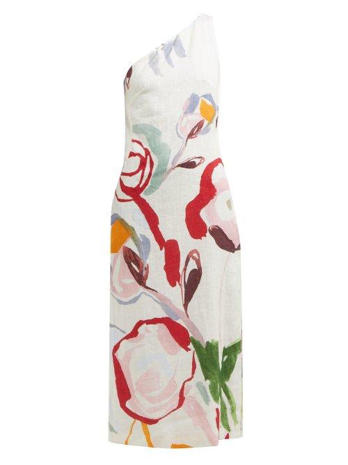 Matchesfashion.com Cult Gaia - Louise Abstract Print One Shoulder Linen Dress - Womens - White Print