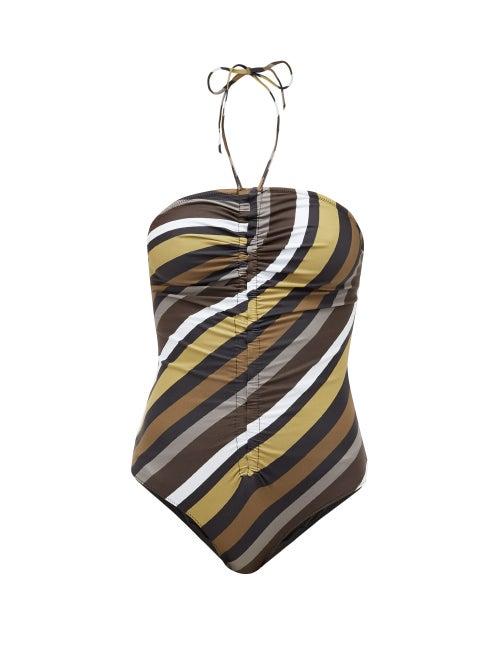 Matchesfashion.com Ganni - Halterneck Ruched Striped Swimsuit - Womens - Blue Multi