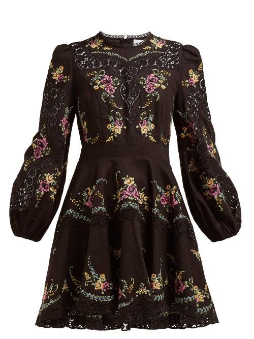 Matchesfashion.com Zimmermann - Allia Cross Stitched Lace Mini Dress - Womens - Black