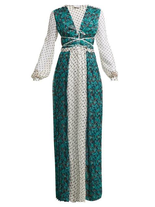 Matchesfashion.com Raquel Diniz - Valentina Polka Dot Pleated Silk Gown - Womens - Green Multi
