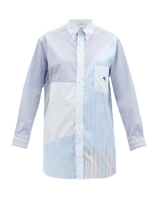 Matchesfashion.com Etro - Pegasus-embroidered Patchwork Cotton-poplin Shirt - Womens - Blue Multi