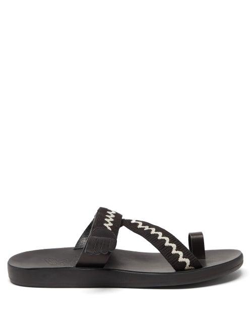 Mens Shoes Ancient Greek Sandals - Magas Woven-strap Leather Slides - Mens - Black Multi
