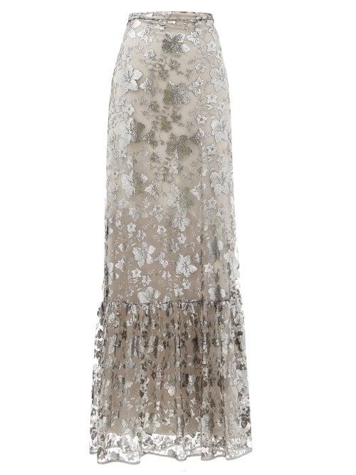 Matchesfashion.com Erdem - Viviane Floral-embroidered Mesh-overlay Maxi Skirt - Womens - Silver