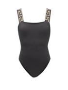 Versace - Greca-jacquard Square-neck Swimsuit - Womens - Black Gold