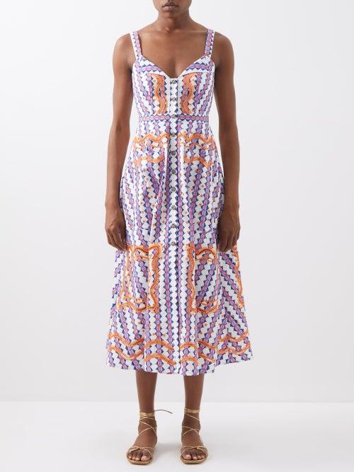 Saloni - Fara Embroidered Cotton Midi Dress - Womens - Blue Multi