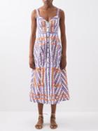 Saloni - Fara Embroidered Cotton Midi Dress - Womens - Blue Multi