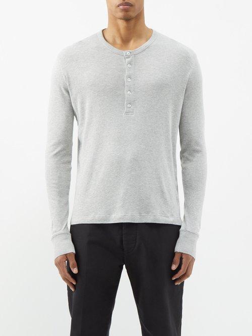 Tom Ford - Brushed-back Cotton-blend Henley Top - Mens - Grey