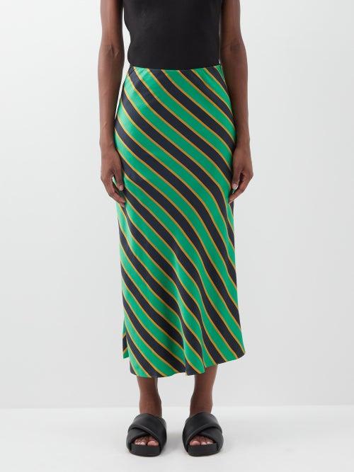 Lee Mathews - Simpson Striped Silk-satin Midi Skirt - Womens - Green