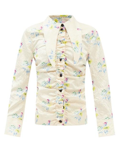 Ganni - Crinkled Point-collar Floral-print Satin Shirt - Womens - Yellow Multi