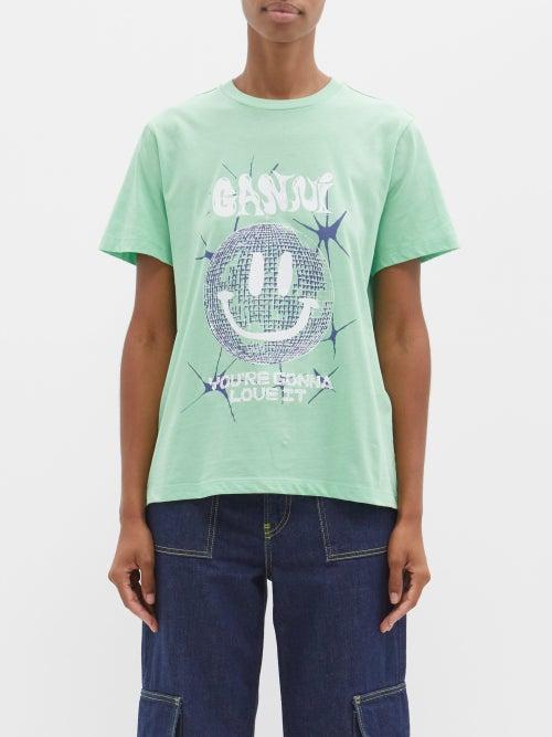 Ganni - Disco Smiley-print Cotton-jersey T-shirt - Womens - Light Green