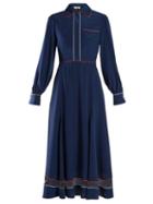 Matchesfashion.com Fendi - Logo Embroidered Silk Midi Dress - Womens - Navy Multi
