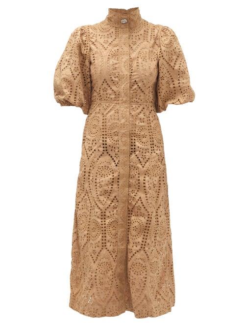 Matchesfashion.com Ganni - Crystal-button Puff-sleeve Broderie-anglaise Dress - Womens - Beige