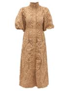 Matchesfashion.com Ganni - Crystal-button Puff-sleeve Broderie-anglaise Dress - Womens - Beige