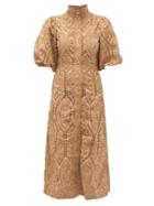 Matchesfashion.com Ganni - Crystal-button Puff-sleeve Broderie-anglaise Dress - Womens - Beige