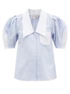 Ladies Rtw Lee Mathews - Diana Striped Puff-sleeve Cotton-poplin Blouse - Womens - Blue White