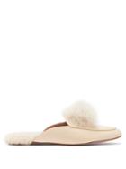 Aquazzura - Foxy Pompom Leather And Shearling Backless Loafers - Womens - Beige