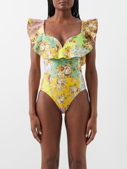 Ale Mais - Matilde Ruffled Floral-print Swimsuit - Womens - Yellow Multi