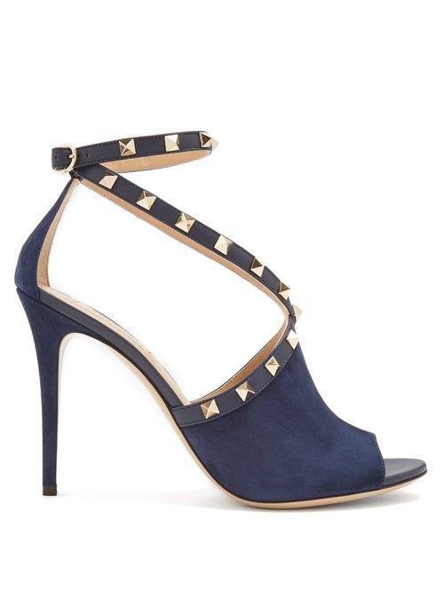 Matchesfashion.com Valentino - Rockstud Cross Strap Suede Pumps - Womens - Navy