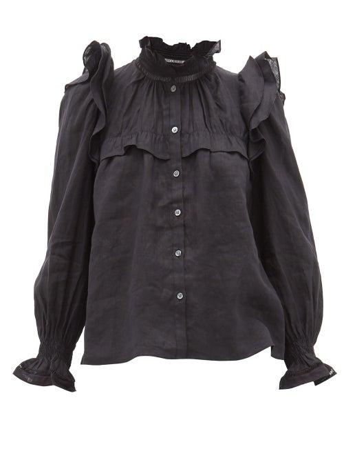 Matchesfashion.com Isabel Marant Toile - Atedy Ruffled Trim Linen Blouse - Womens - Black