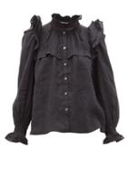 Matchesfashion.com Isabel Marant Toile - Atedy Ruffled Trim Linen Blouse - Womens - Black