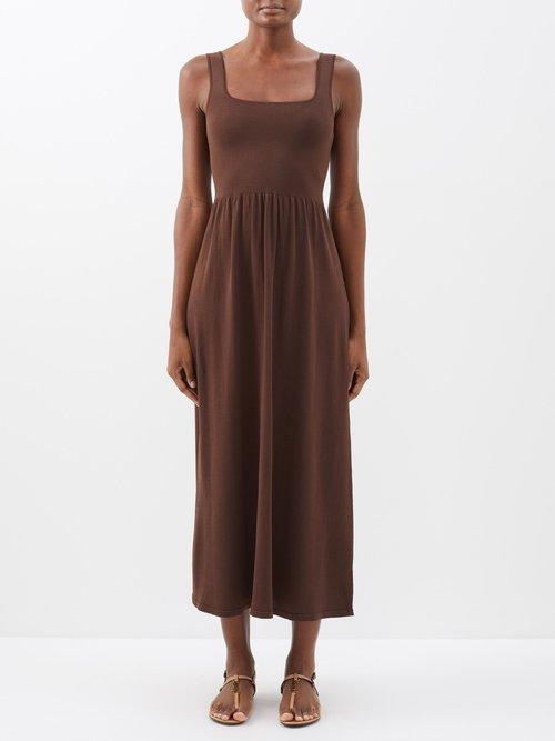 Matteau - Square-neckline Knitted-bodice Dress - Womens - Light Brown