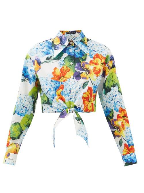 Dolce & Gabbana - Knotted Floral-print Cotton-poplin Shirt - Womens - Blue Multi